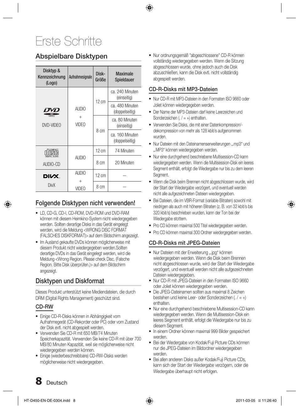 Erste schritte, Abspielbare disktypen, Folgende disktypen nicht verwenden | Disktypen und diskformat | Samsung HT-D450 User Manual | Page 92 / 168