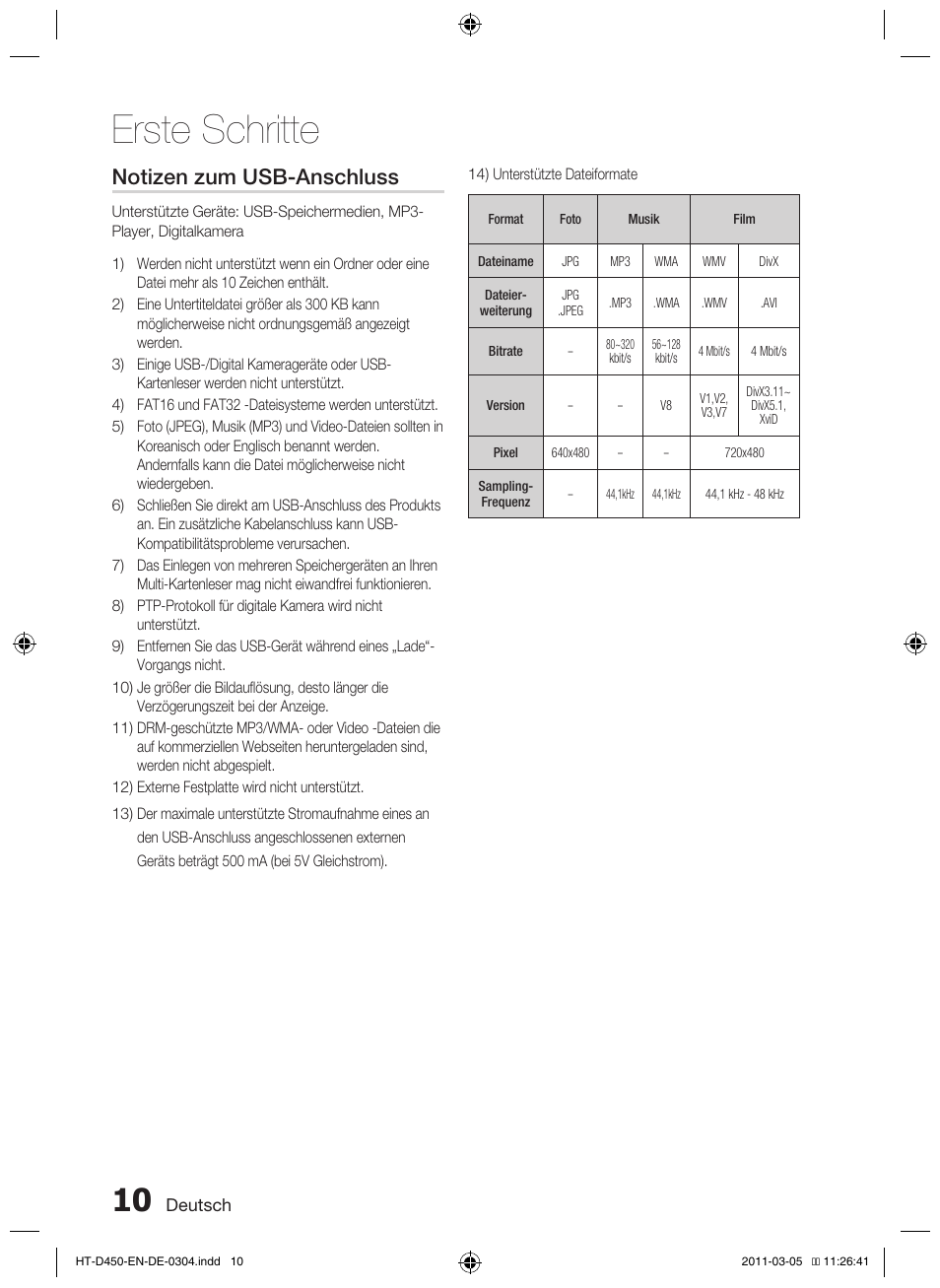 Erste schritte, Notizen zum usb-anschluss | Samsung HT-D450 User Manual | Page 94 / 168