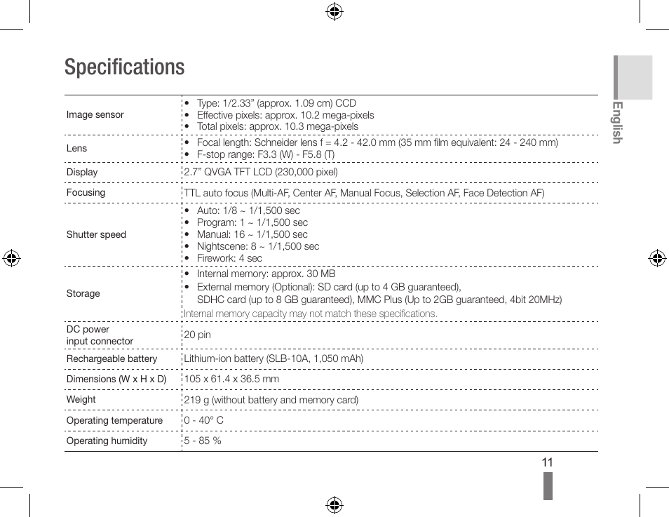 Specifications | Samsung WB500 User Manual | Page 11 / 34