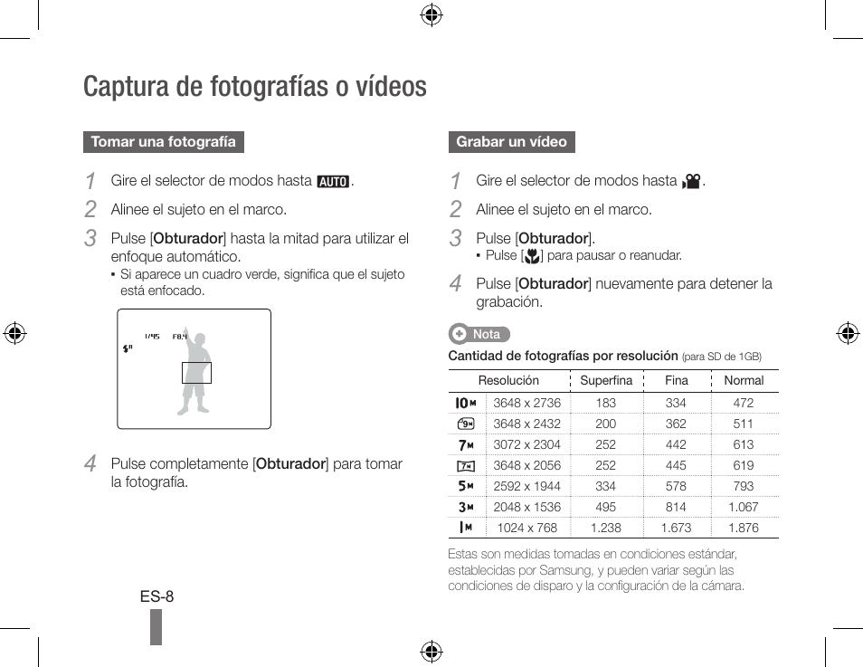Captura de fotografías o vídeos | Samsung WB500 User Manual | Page 18 / 34