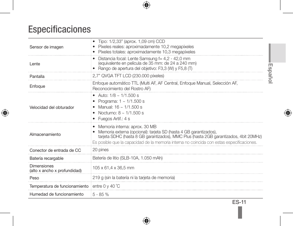 Especificaciones | Samsung WB500 User Manual | Page 21 / 34