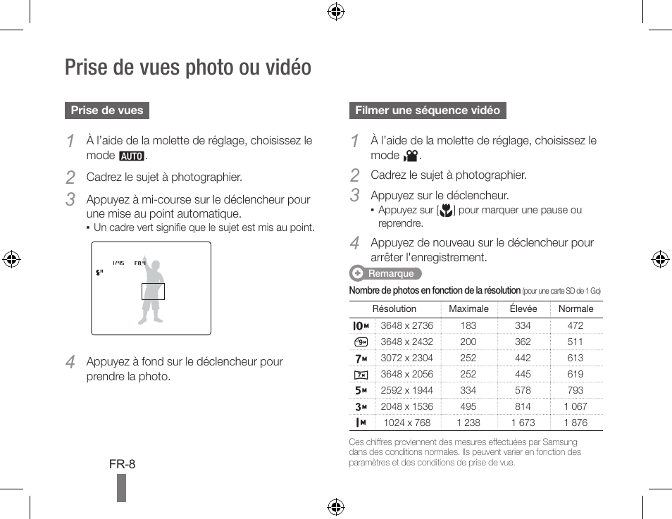 Prise de vues photo ou vidéo | Samsung WB500 User Manual | Page 28 / 34