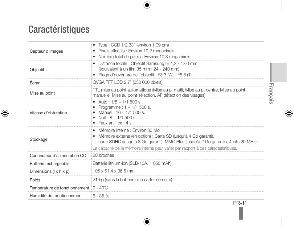 Caractéristiques | Samsung WB500 User Manual | Page 31 / 34