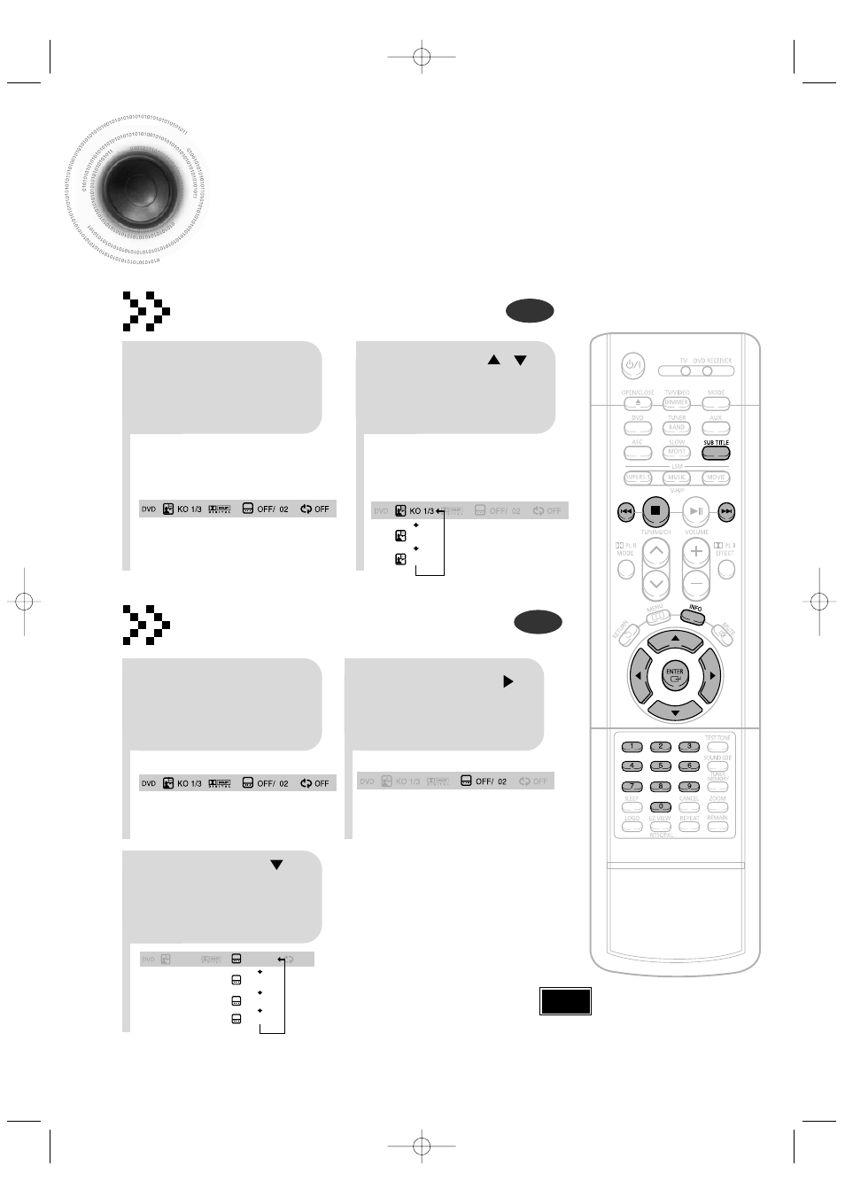 Selecting audio/subtitle language, 27 selecting audio/subtitle language, Audio language selection function | Subtitle language selection function | Samsung HT-DB350 User Manual | Page 28 / 68