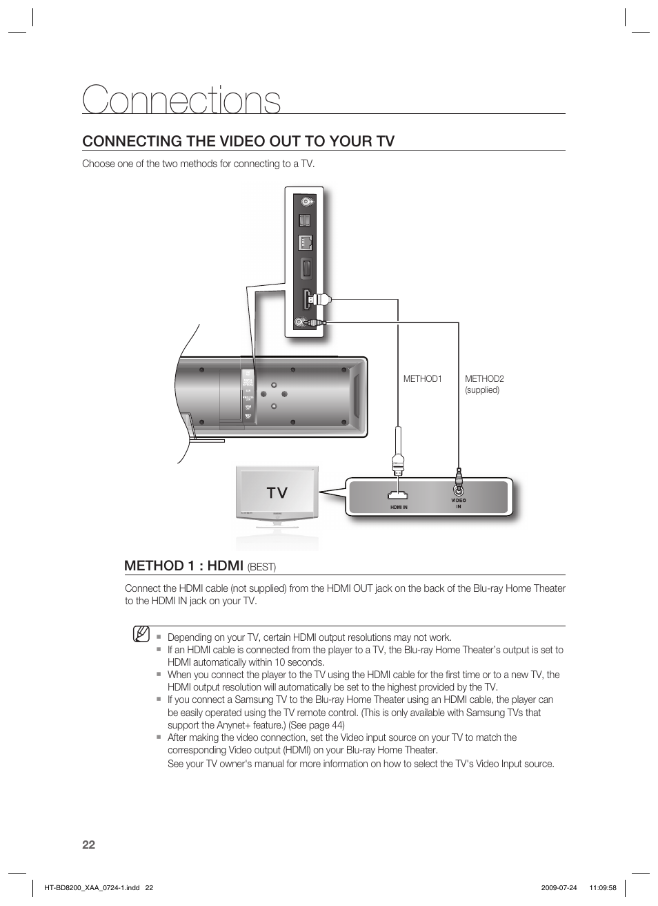 Connections, Connecting the video out to your tv | Samsung HT-BD8200 User Manual | Page 22 / 106