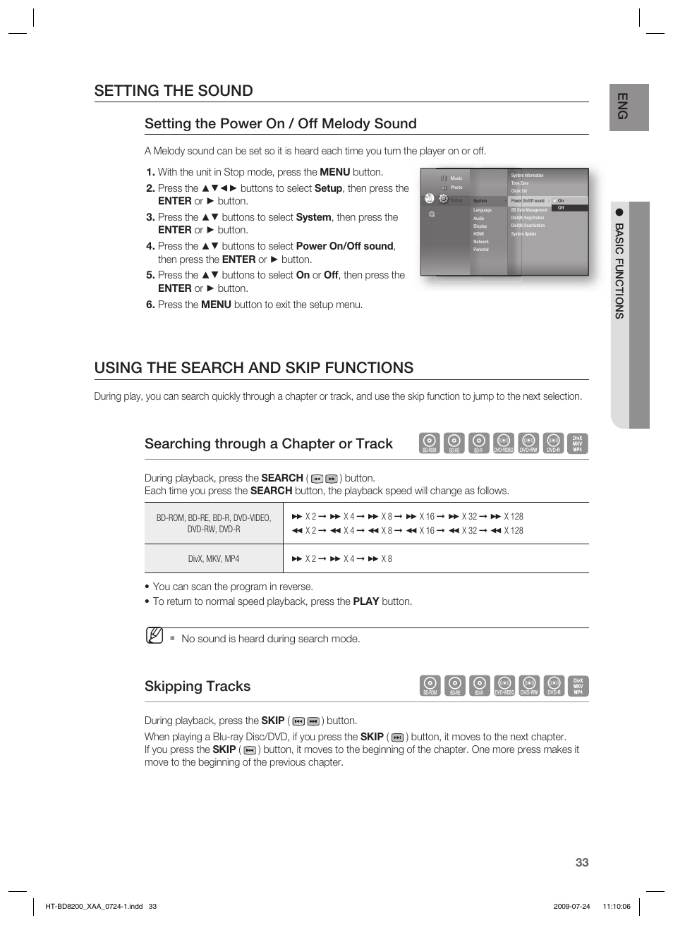 Hgfzcv, Setting the sound, Using the search and skip functions | Setting the power on / off melody sound, Searching through a chapter or track, Skipping tracks | Samsung HT-BD8200 User Manual | Page 33 / 106