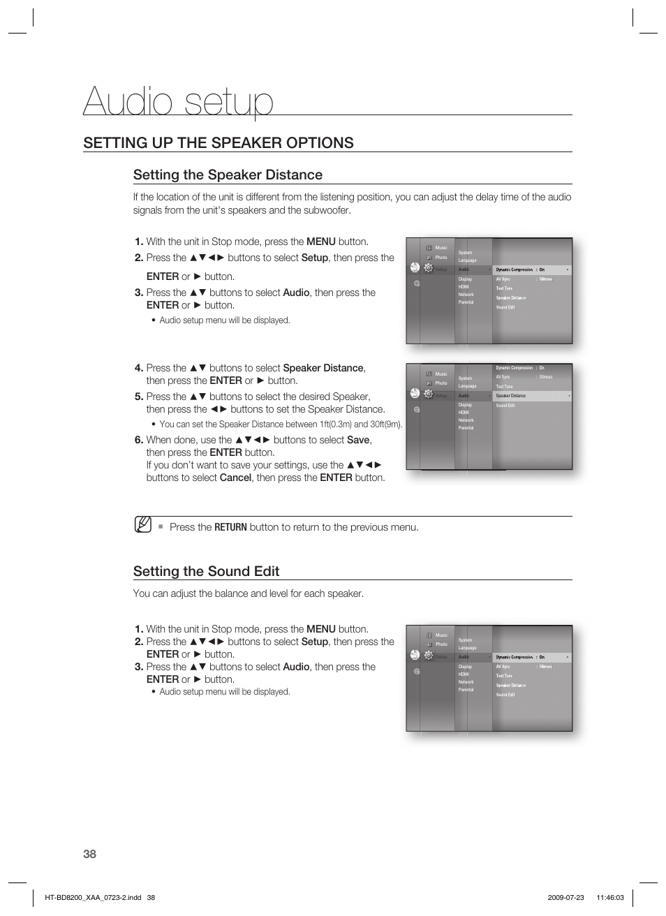 Audio setup, Setting up the speaker options, Setting the speaker distance | Setting the sound edit, Audio setup menu will be displayed | Samsung HT-BD8200 User Manual | Page 38 / 106