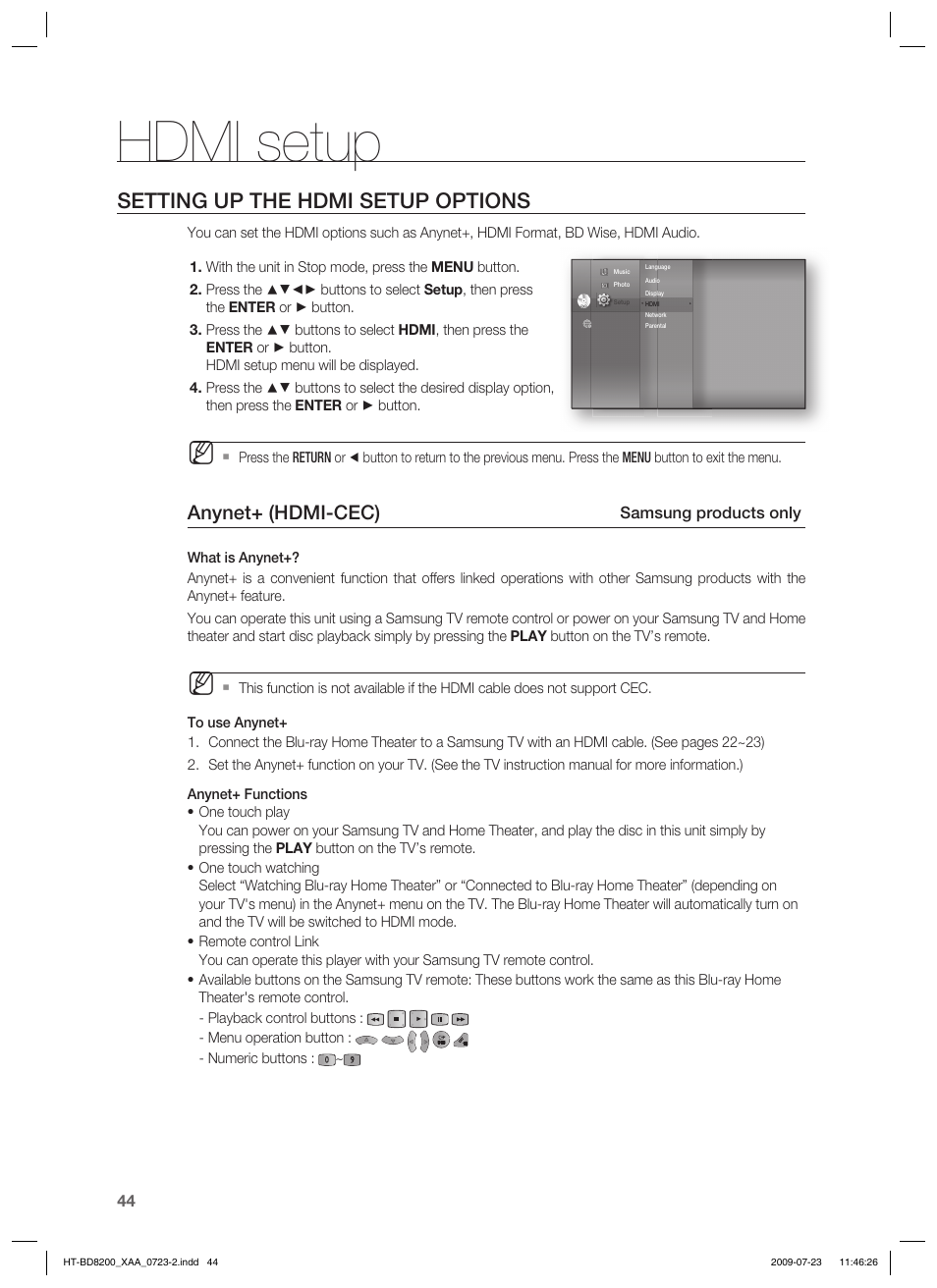 Hdmi setup, Setting up the hdmi setup options, Anynet+ (hdmi-cec) | Samsung HT-BD8200 User Manual | Page 44 / 106