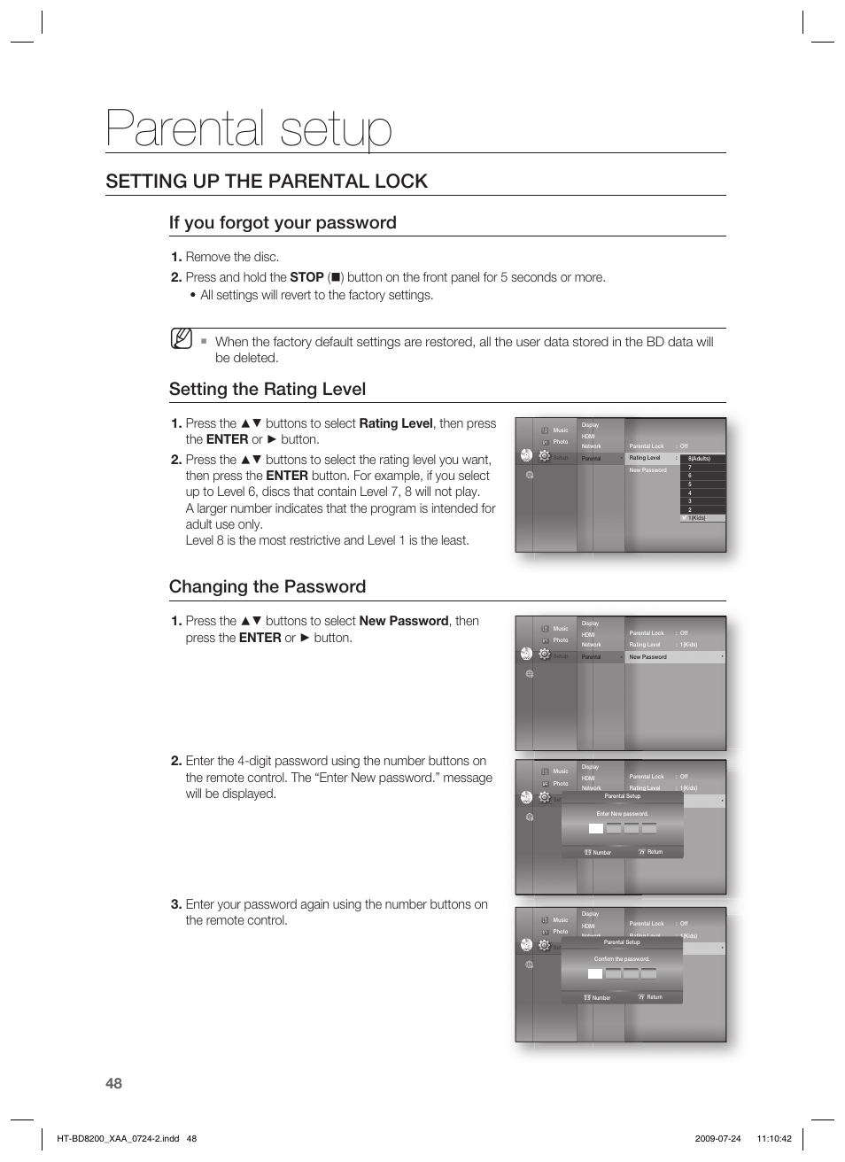 Parental setup, Setting up the parental lock, If you forgot your password | Setting the rating level, Changing the password | Samsung HT-BD8200 User Manual | Page 48 / 106