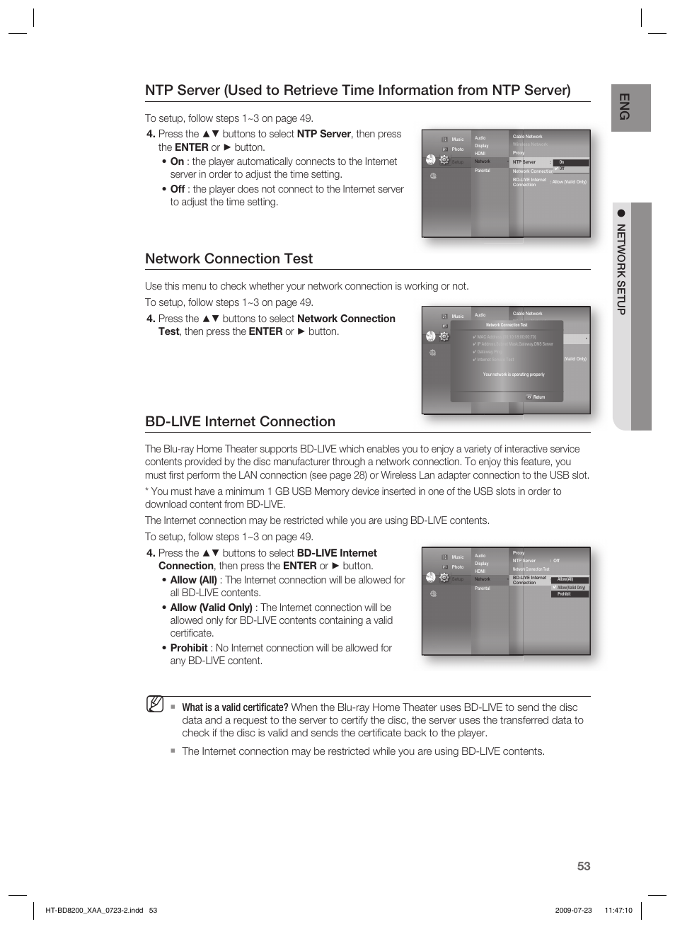 Network connection test, Bd-live internet connection, Network setup | Samsung HT-BD8200 User Manual | Page 53 / 106