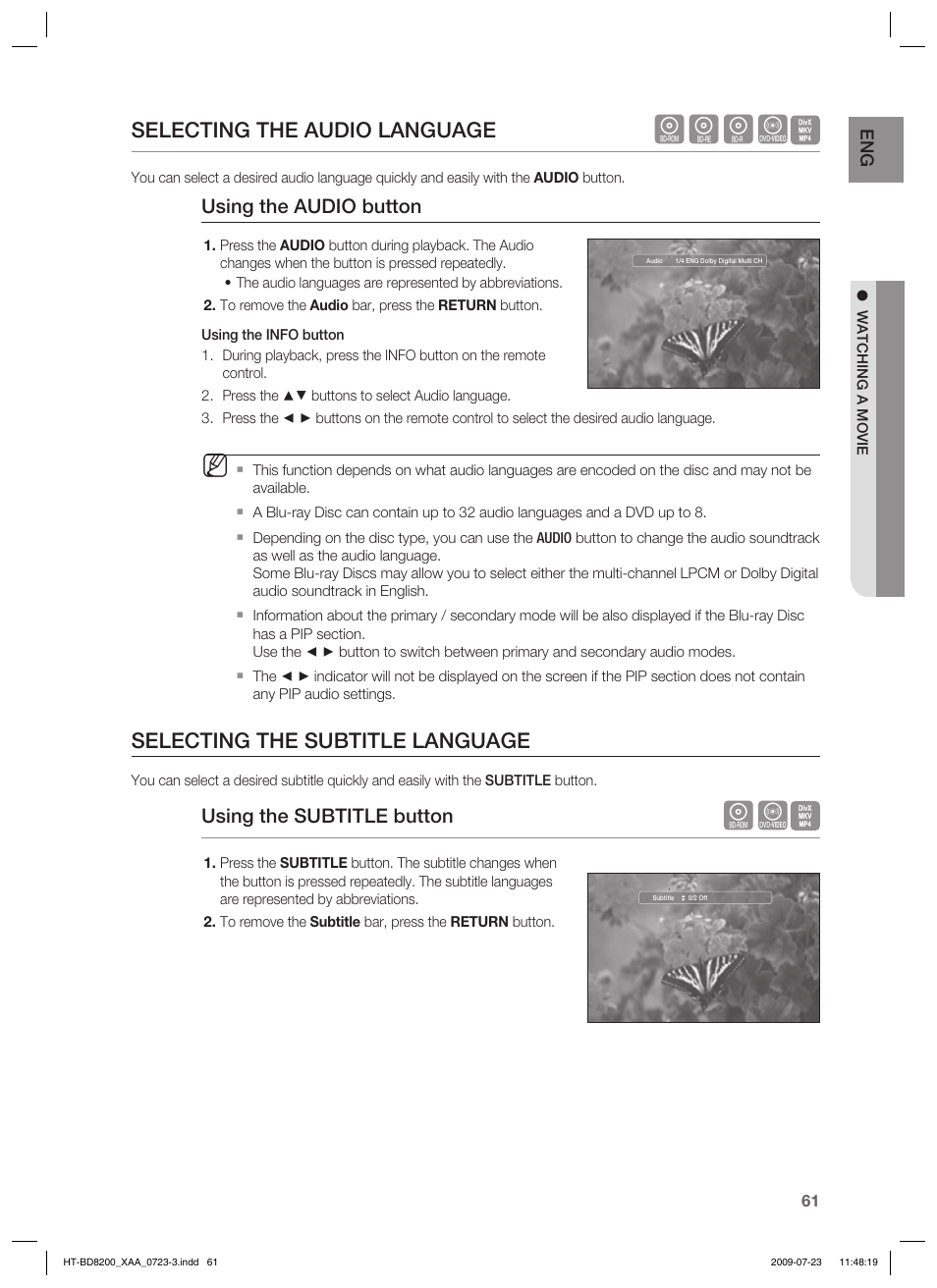 Hgfz, Selecting the audio language, Selecting the subtitle language | Using the audio button, Using the subtitle button | Samsung HT-BD8200 User Manual | Page 61 / 106