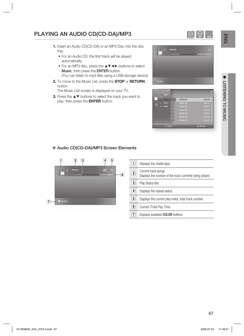 Playing an audio cd(cd-da)/mp3, Audio cd(cd-da)/mp3 screen elements, Listening to music | Samsung HT-BD8200 User Manual | Page 67 / 106