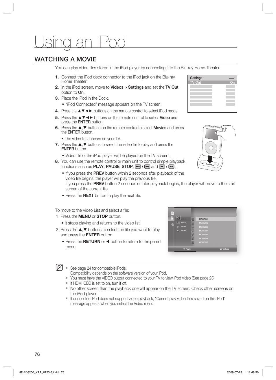 Using an ipod, Watching a movie | Samsung HT-BD8200 User Manual | Page 76 / 106