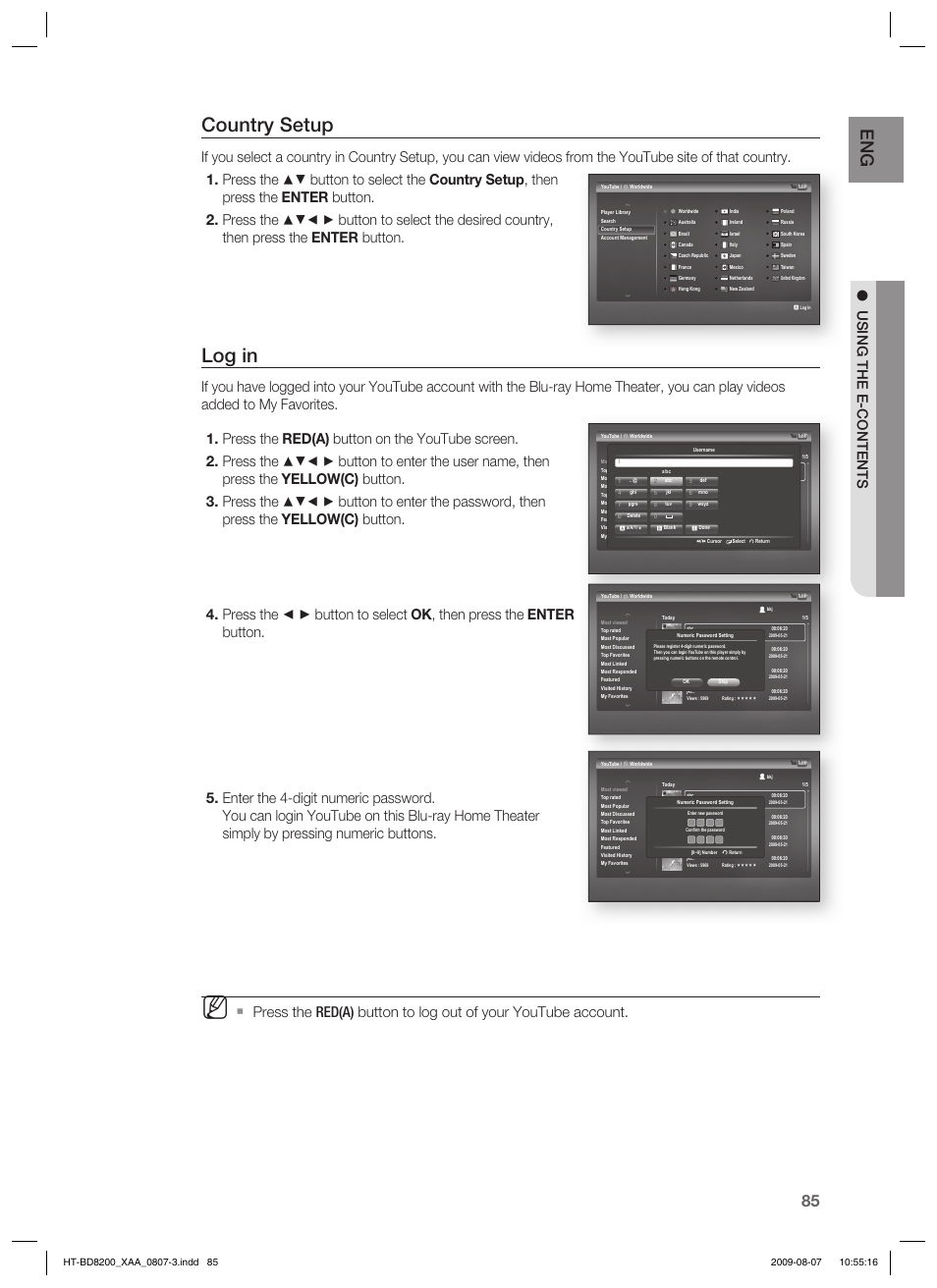 Country setup, Log in, Using the e-contents | Samsung HT-BD8200 User Manual | Page 85 / 106