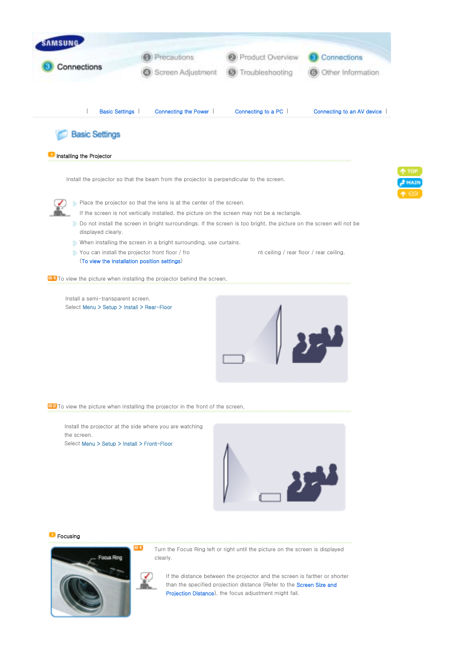 Connections, Basic settings, Connecting the power | Samsung SP-P310ME User Manual | Page 17 / 32