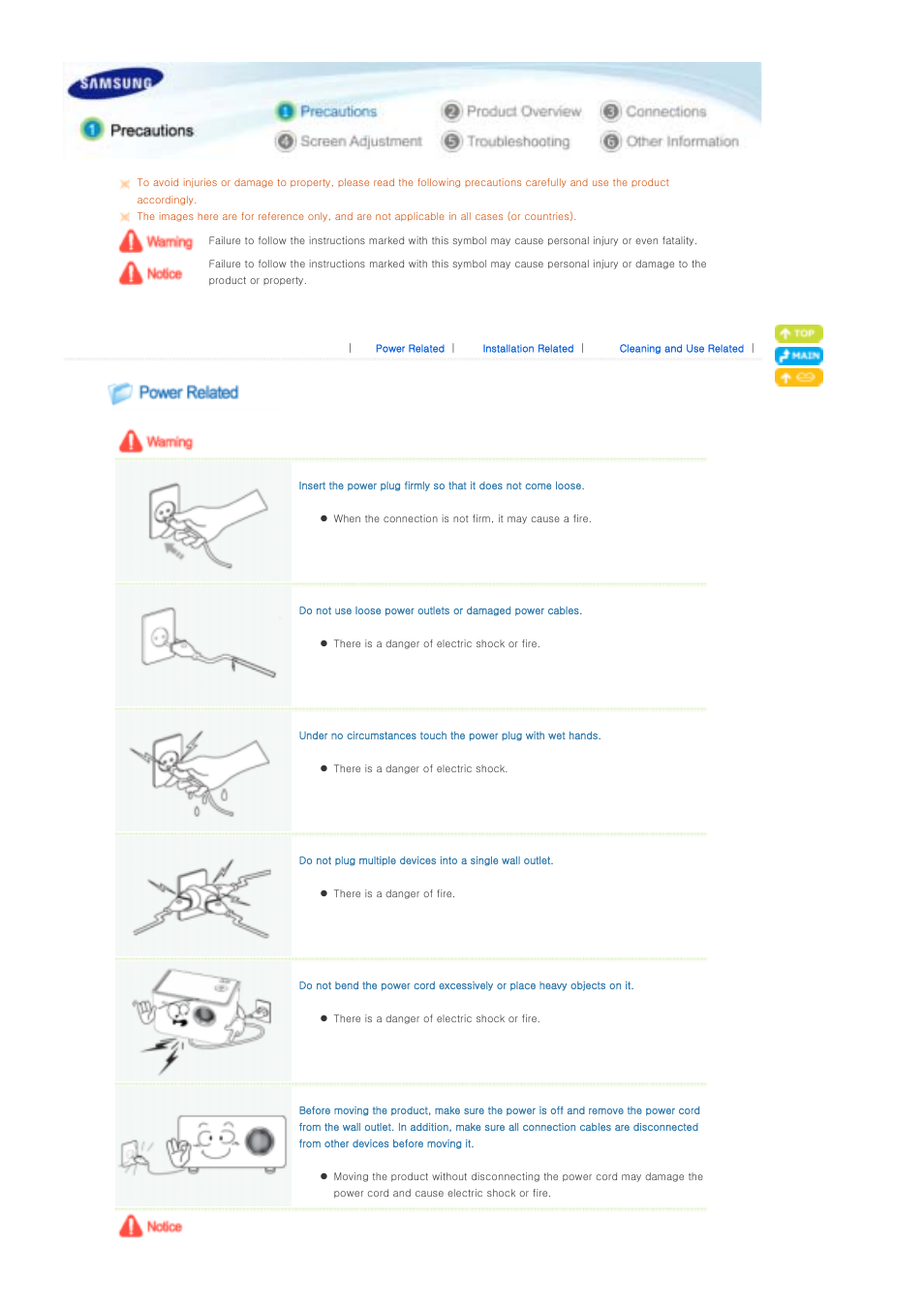 Precautions, Power related, Installation related | Samsung SP-P310ME User Manual | Page 2 / 32