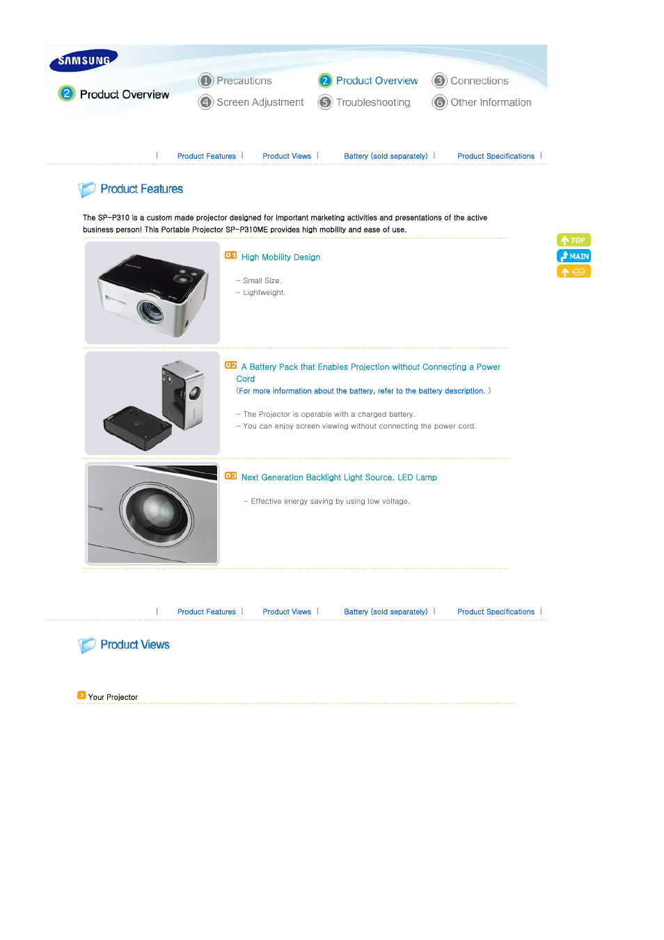 Product overview, Product features, Product views | Battery | Samsung SP-P310ME User Manual | Page 8 / 32