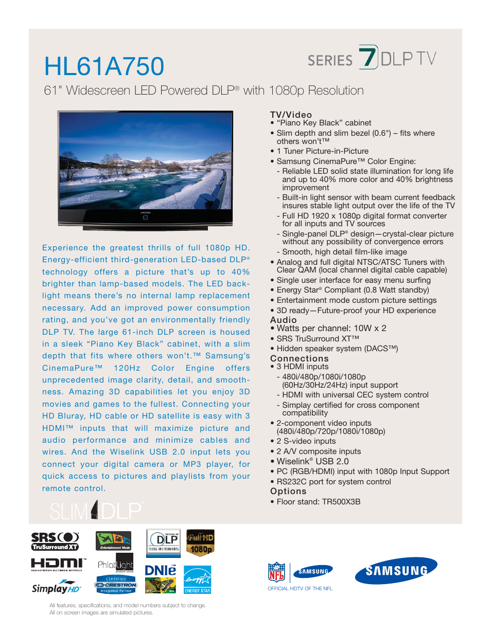 Samsung HL61A750 User Manual | 2 pages
