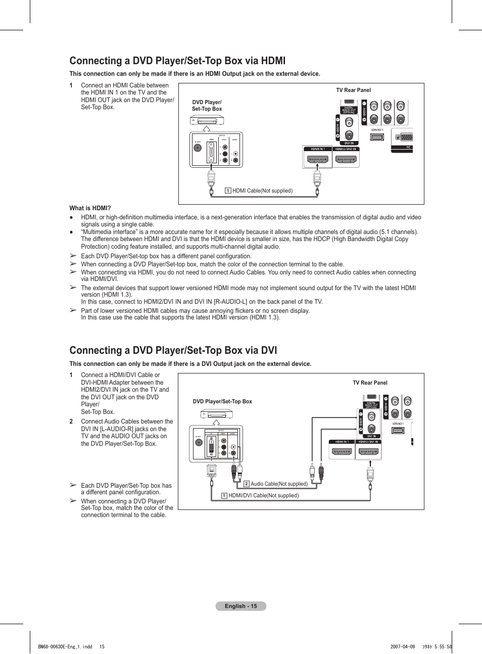 Connecting a dvd player/set-top box via hdmi, Connecting a dvd player/set-top box via dvi | Samsung HL-T5656W User Manual | Page 15 / 76