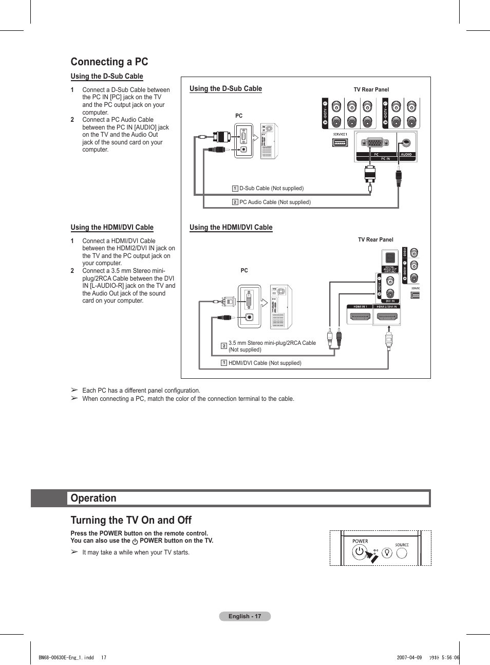 Connecting a pc, Operation, Turning the tv on and off | Operation turning the tv on and off | Samsung HL-T5656W User Manual | Page 17 / 76