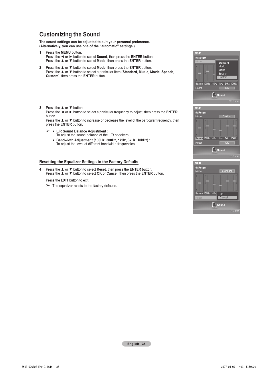 Customizing the sound | Samsung HL-T5656W User Manual | Page 35 / 76