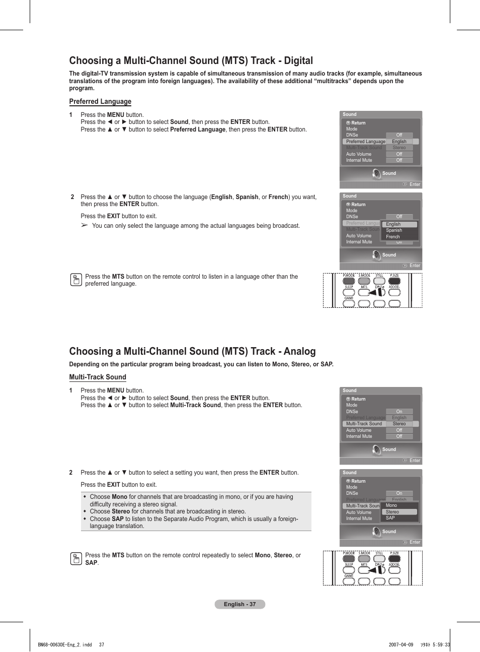 Multi-track sound, Preferred language | Samsung HL-T5656W User Manual | Page 37 / 76