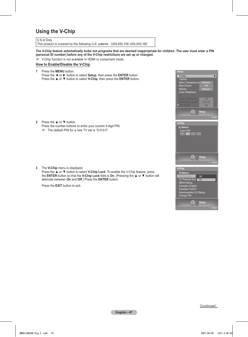 Using the v-chip, Continued, How to enable/disable the v-chip | Samsung HL-T5656W User Manual | Page 47 / 76