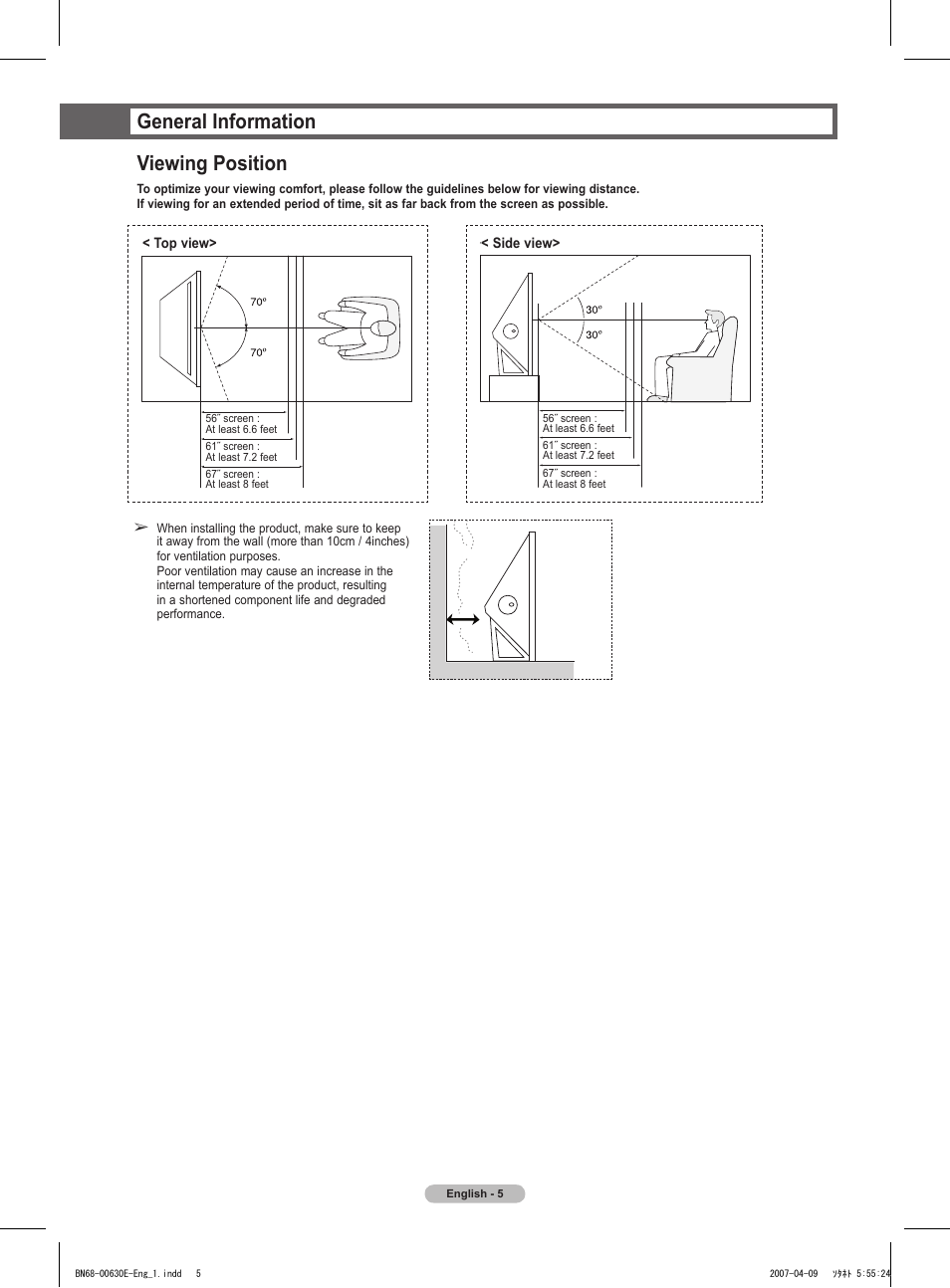 General information, Viewing position, General information viewing position | Samsung HL-T5656W User Manual | Page 5 / 76