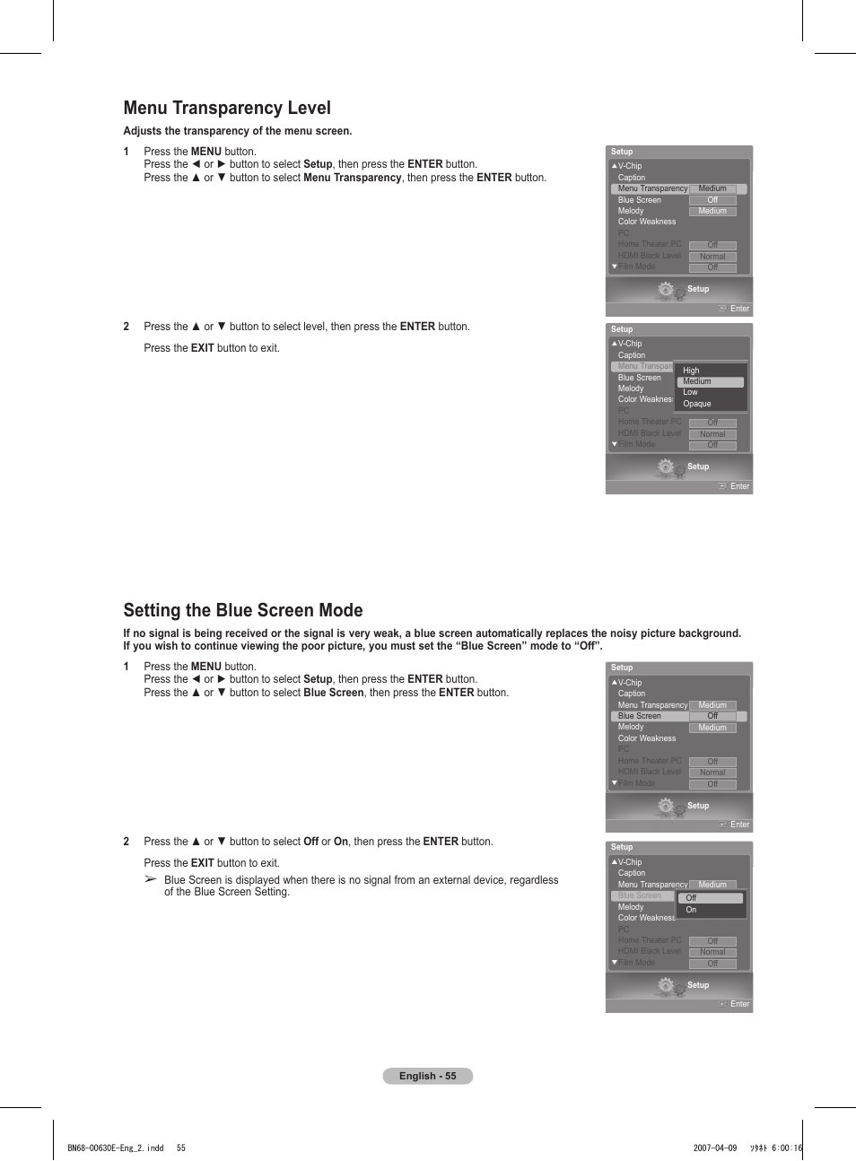 Menu transparency level, Setting the blue screen mode | Samsung HL-T5656W User Manual | Page 55 / 76