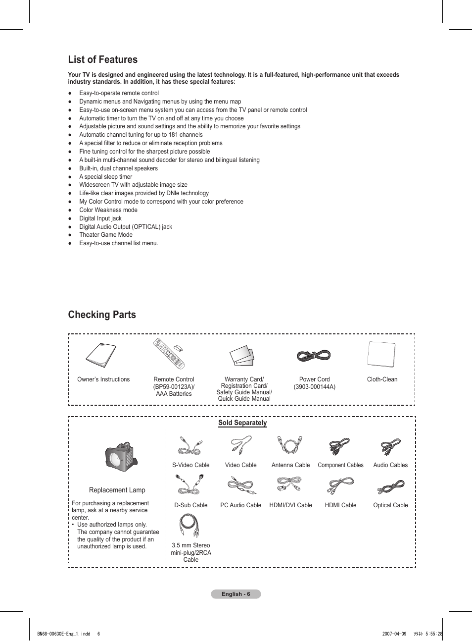 List of features, Checking parts | Samsung HL-T5656W User Manual | Page 6 / 76