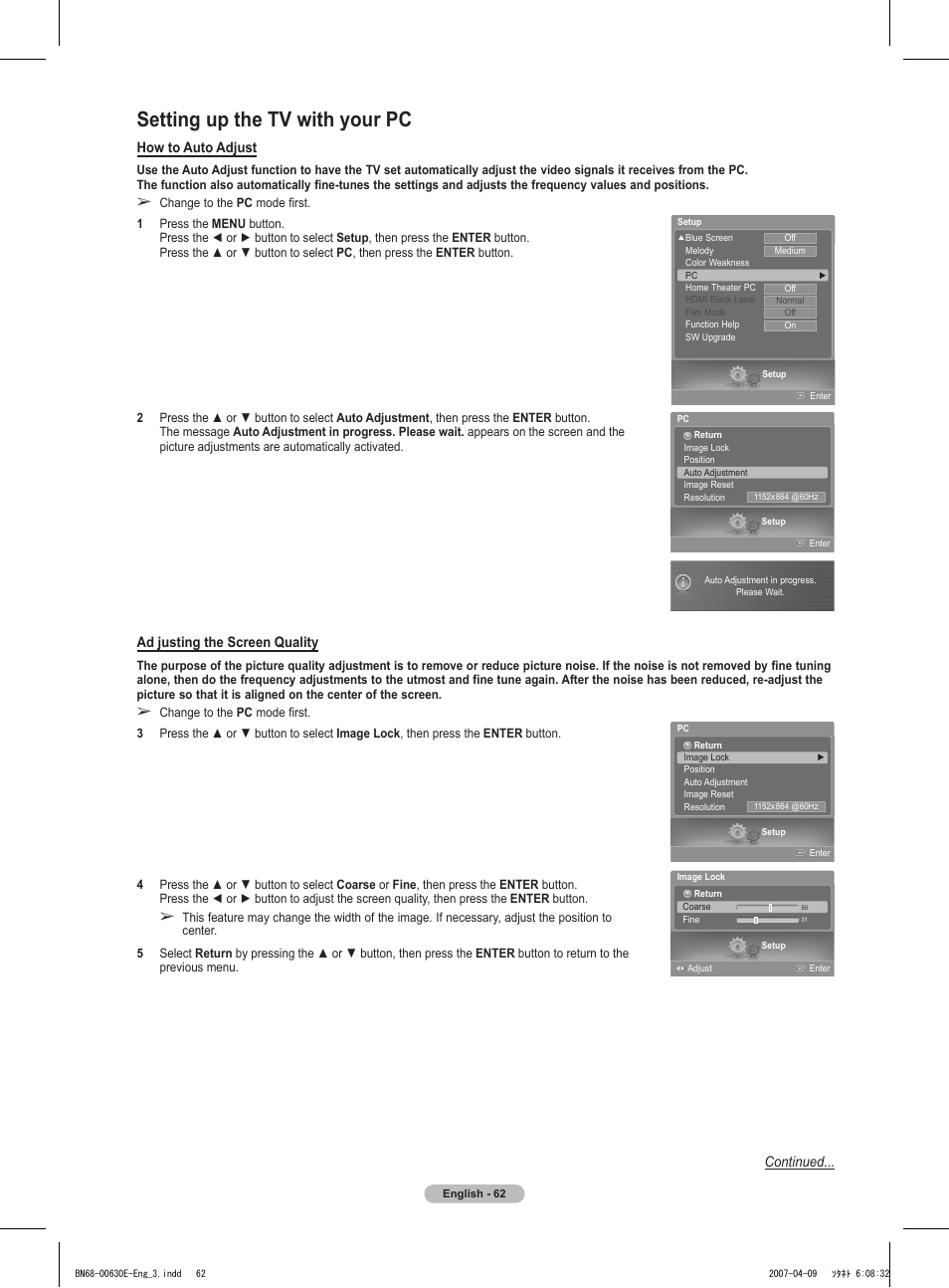 Setting up the tv with your pc, How to auto adjust, Ad justing the screen quality | Continued | Samsung HL-T5656W User Manual | Page 62 / 76