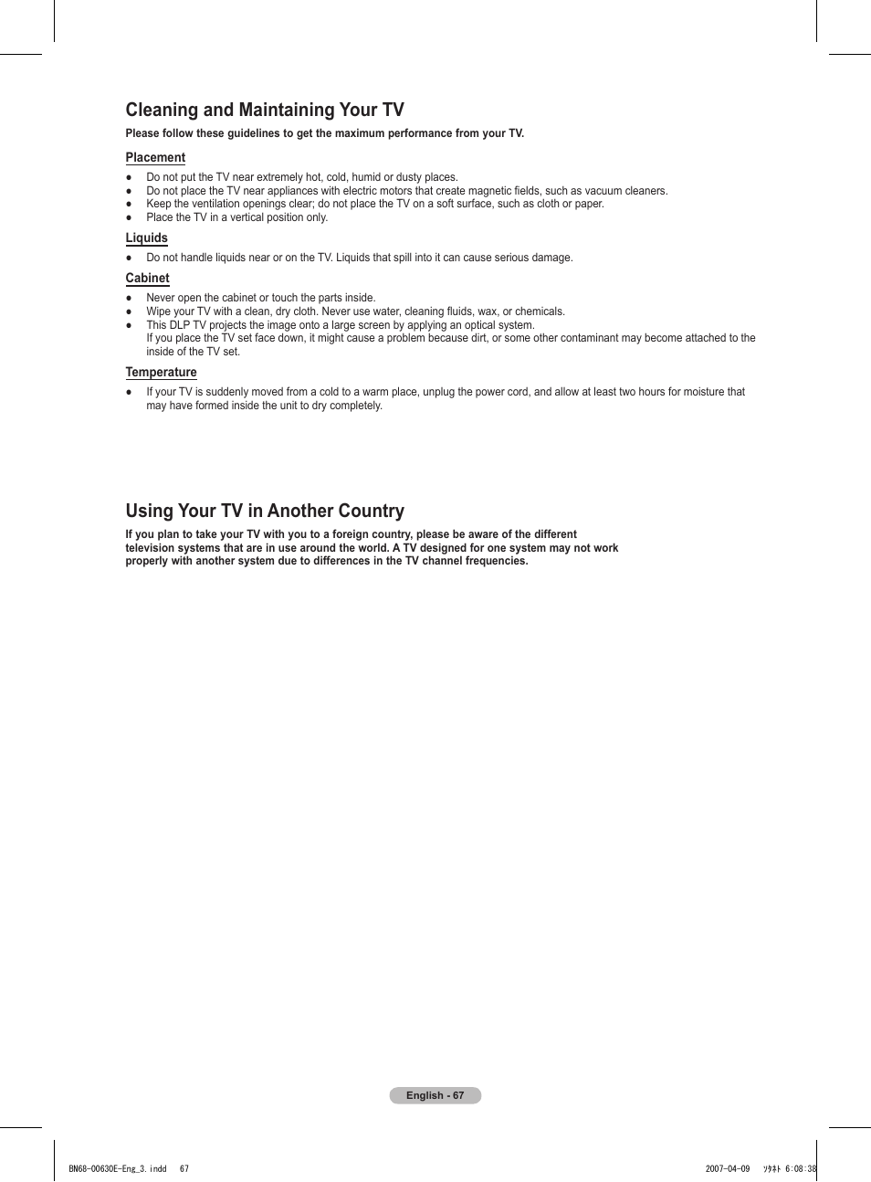 Cleaning and maintaining your tv, Using your tv in another country | Samsung HL-T5656W User Manual | Page 67 / 76