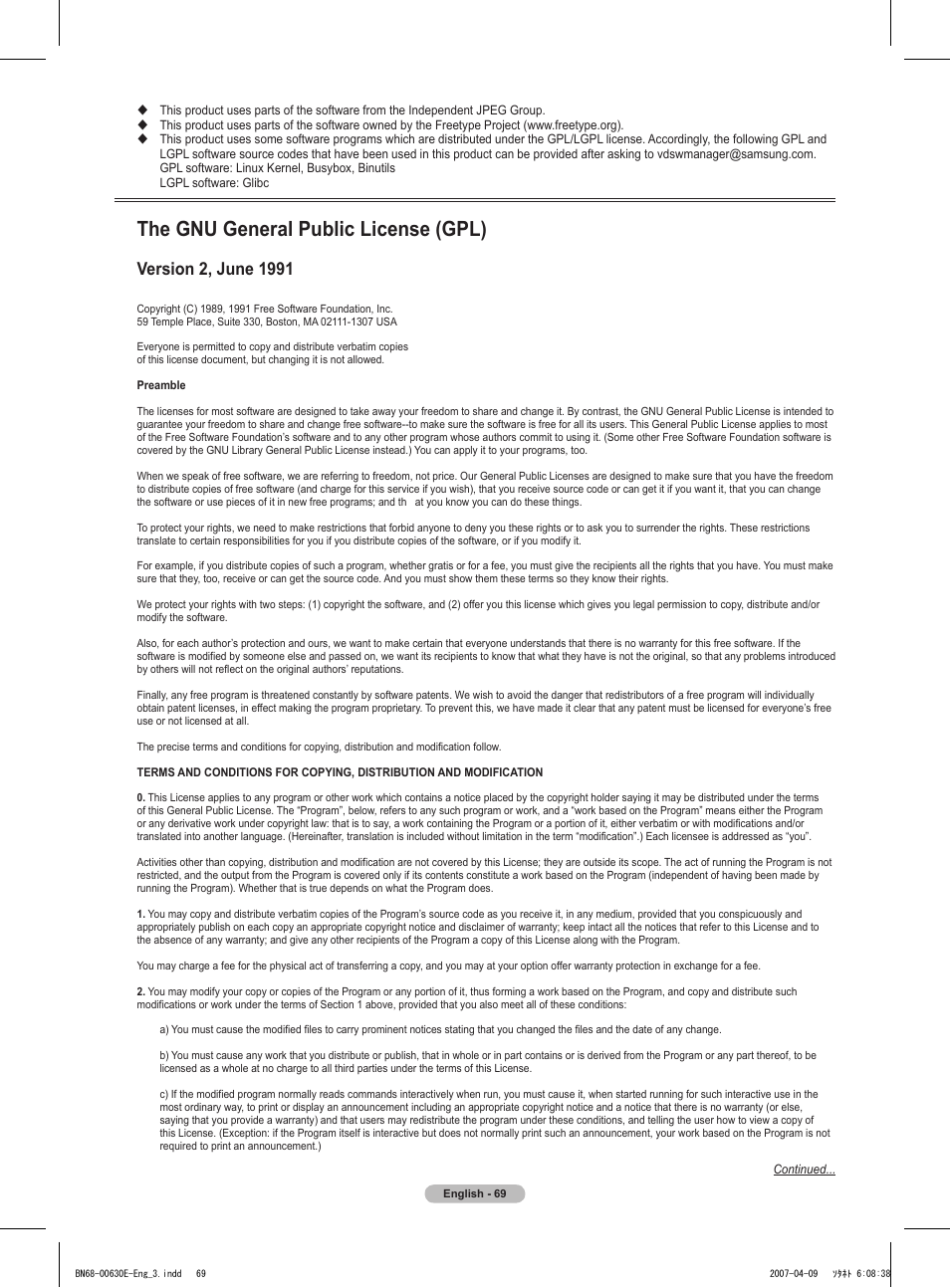 The gnu general public license (gpl) | Samsung HL-T5656W User Manual | Page 69 / 76