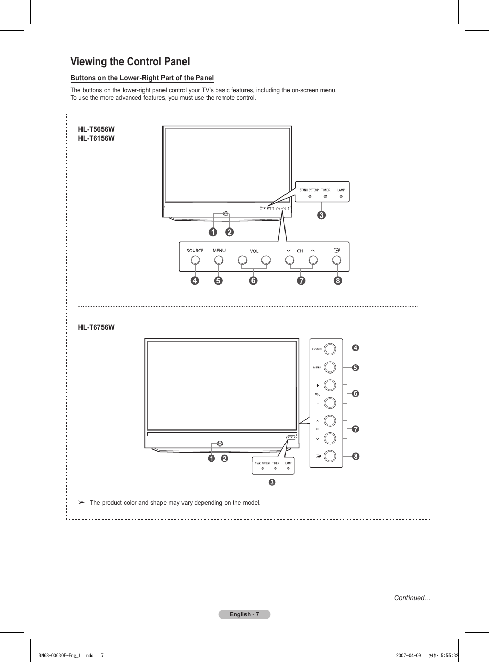 Viewing the control panel | Samsung HL-T5656W User Manual | Page 7 / 76