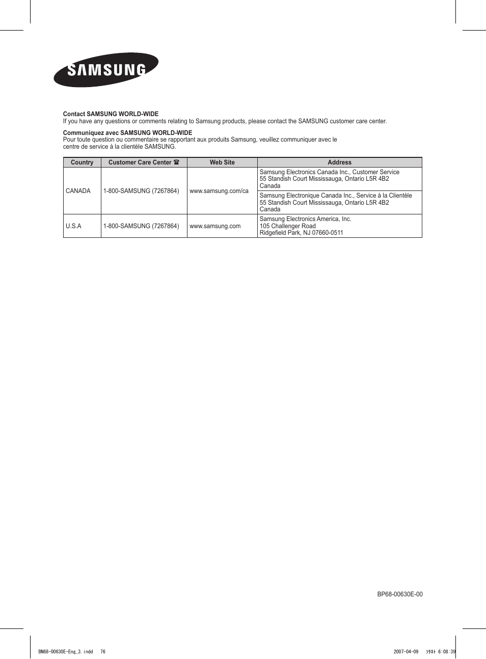 Samsung HL-T5656W User Manual | Page 76 / 76