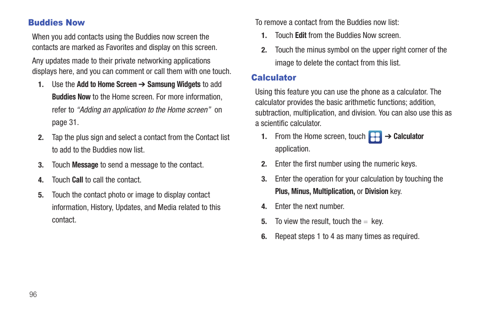 Buddies now, Calculator, Buddies now calculator | Samsung Vibrant SGH-t959 User Manual | Page 100 / 193