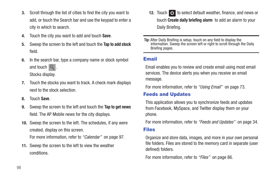 Email, Feeds and updates, Files | Feeds and updates files | Samsung Vibrant SGH-t959 User Manual | Page 102 / 193