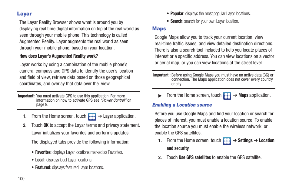 Layar, Maps, Layar maps | Samsung Vibrant SGH-t959 User Manual | Page 104 / 193