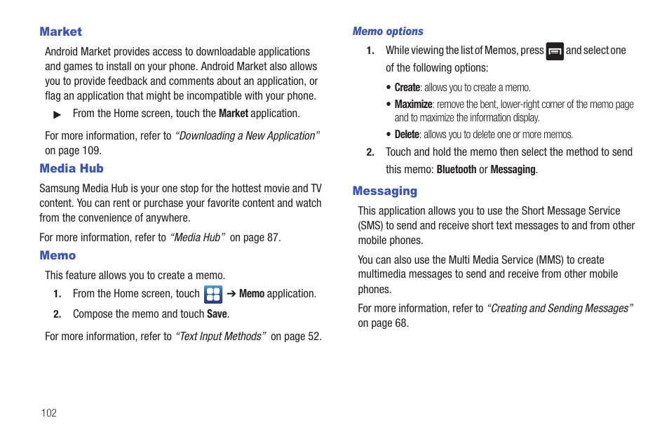 Market, Media hub, Memo | Messaging, Market media hub memo messaging | Samsung Vibrant SGH-t959 User Manual | Page 106 / 193