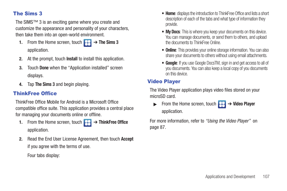 The sims 3, Thinkfree office, Video player | The sims 3 thinkfree office video player | Samsung Vibrant SGH-t959 User Manual | Page 111 / 193