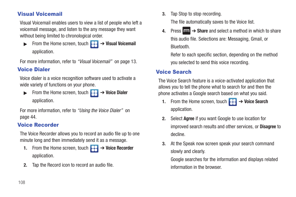 Visual voicemail, Voice dialer, Voice recorder | Voice search, Voice dialer voice recorder voice search, N. for more information, refer to | Samsung Vibrant SGH-t959 User Manual | Page 112 / 193