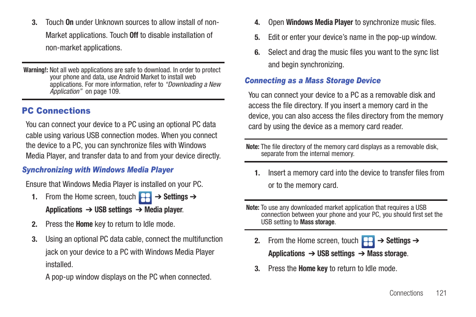 Pc connections | Samsung Vibrant SGH-t959 User Manual | Page 125 / 193