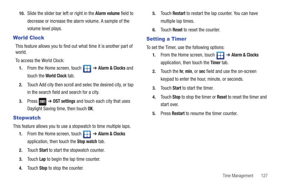 World clock, Stopwatch, Setting a timer | World clock stopwatch setting a timer | Samsung Vibrant SGH-t959 User Manual | Page 131 / 193