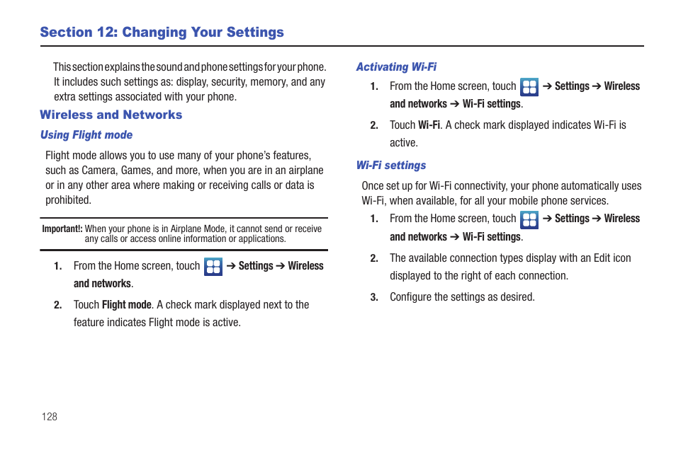 Section 12: changing your settings, Wireless and networks | Samsung Vibrant SGH-t959 User Manual | Page 132 / 193