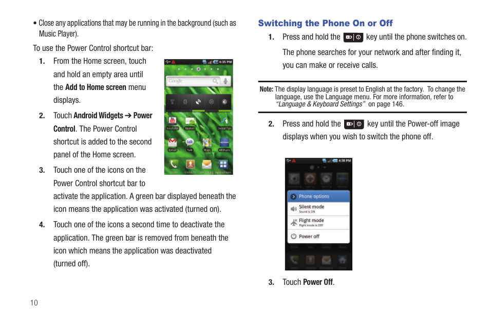 Switching the phone on or off | Samsung Vibrant SGH-t959 User Manual | Page 14 / 193