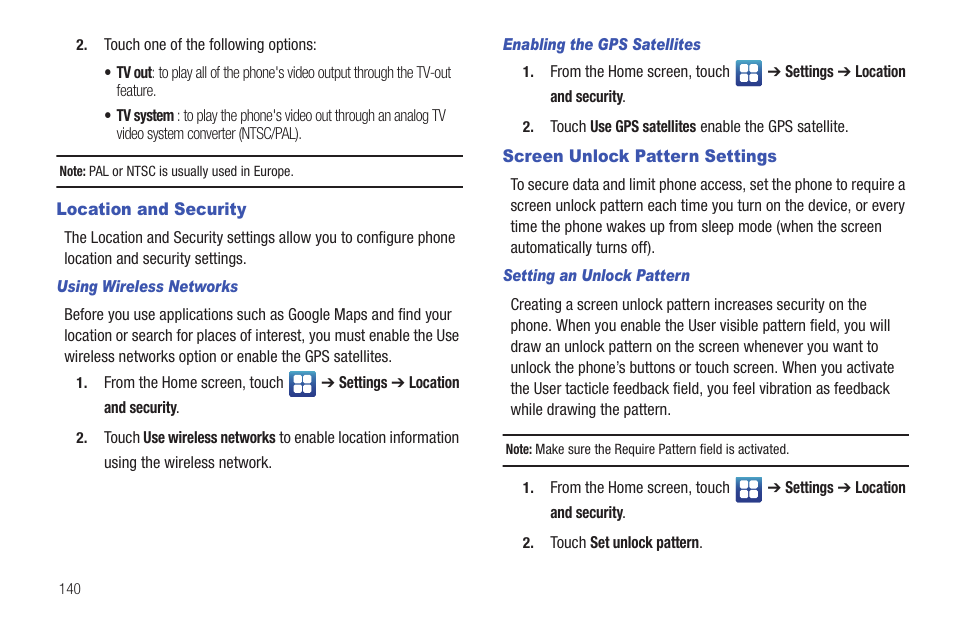 Location and security, Screen unlock pattern settings | Samsung Vibrant SGH-t959 User Manual | Page 144 / 193