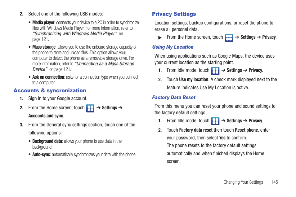 Accounts & syncronization, Privacy settings, Accounts & syncronization privacy settings | Samsung Vibrant SGH-t959 User Manual | Page 149 / 193