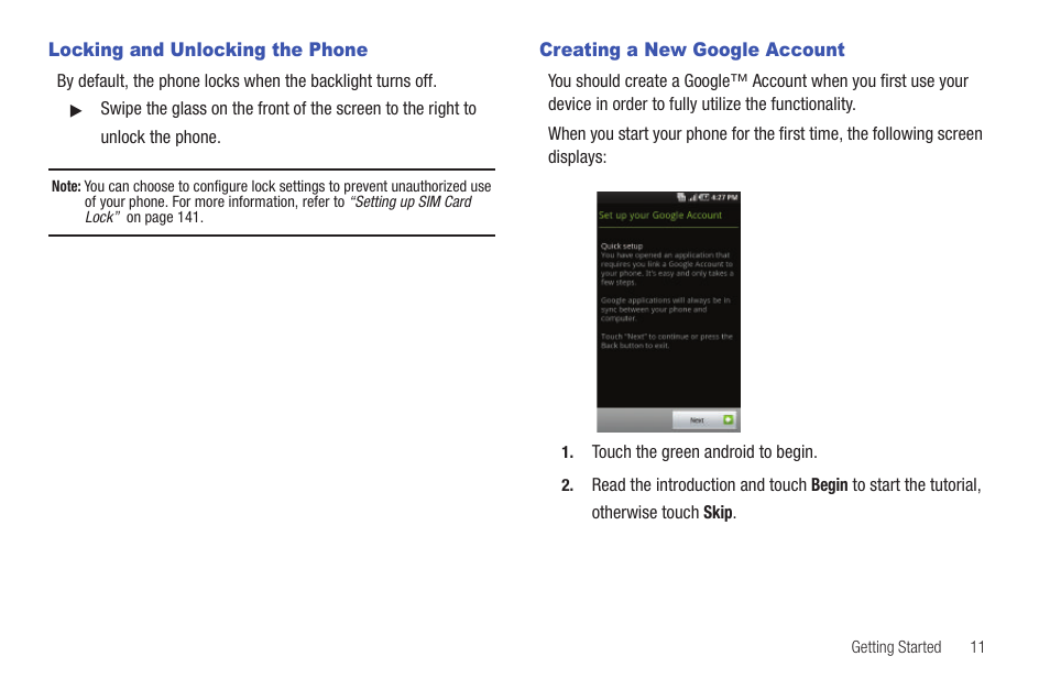 Locking and unlocking the phone, Creating a new google account | Samsung Vibrant SGH-t959 User Manual | Page 15 / 193