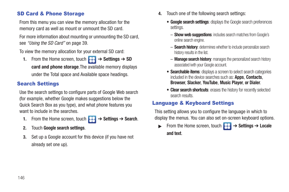 Sd card & phone storage, Search settings, Language & keyboard settings | Samsung Vibrant SGH-t959 User Manual | Page 150 / 193