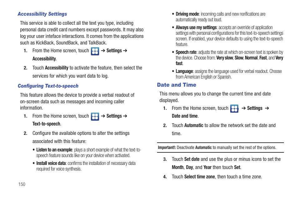 Date and time | Samsung Vibrant SGH-t959 User Manual | Page 154 / 193